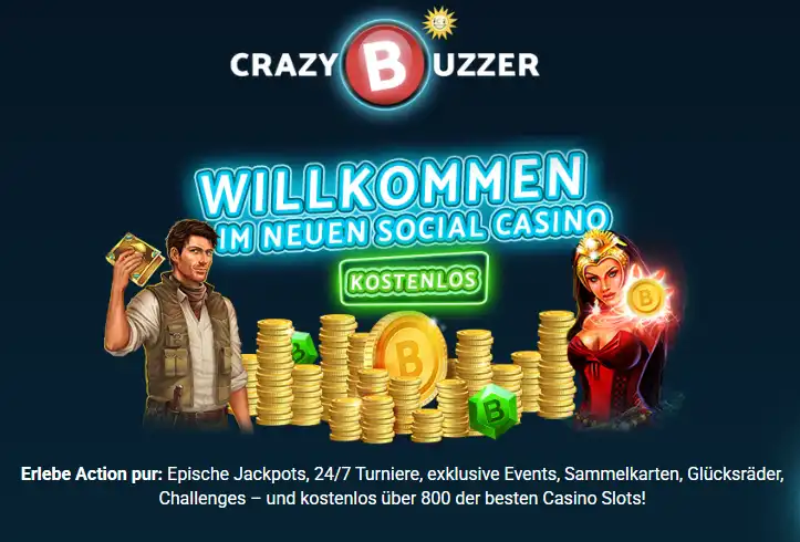 Aktuelle CrazyBuzzer Social-Casino-Oberfläche mit Spielbereich und virtuellem Gold