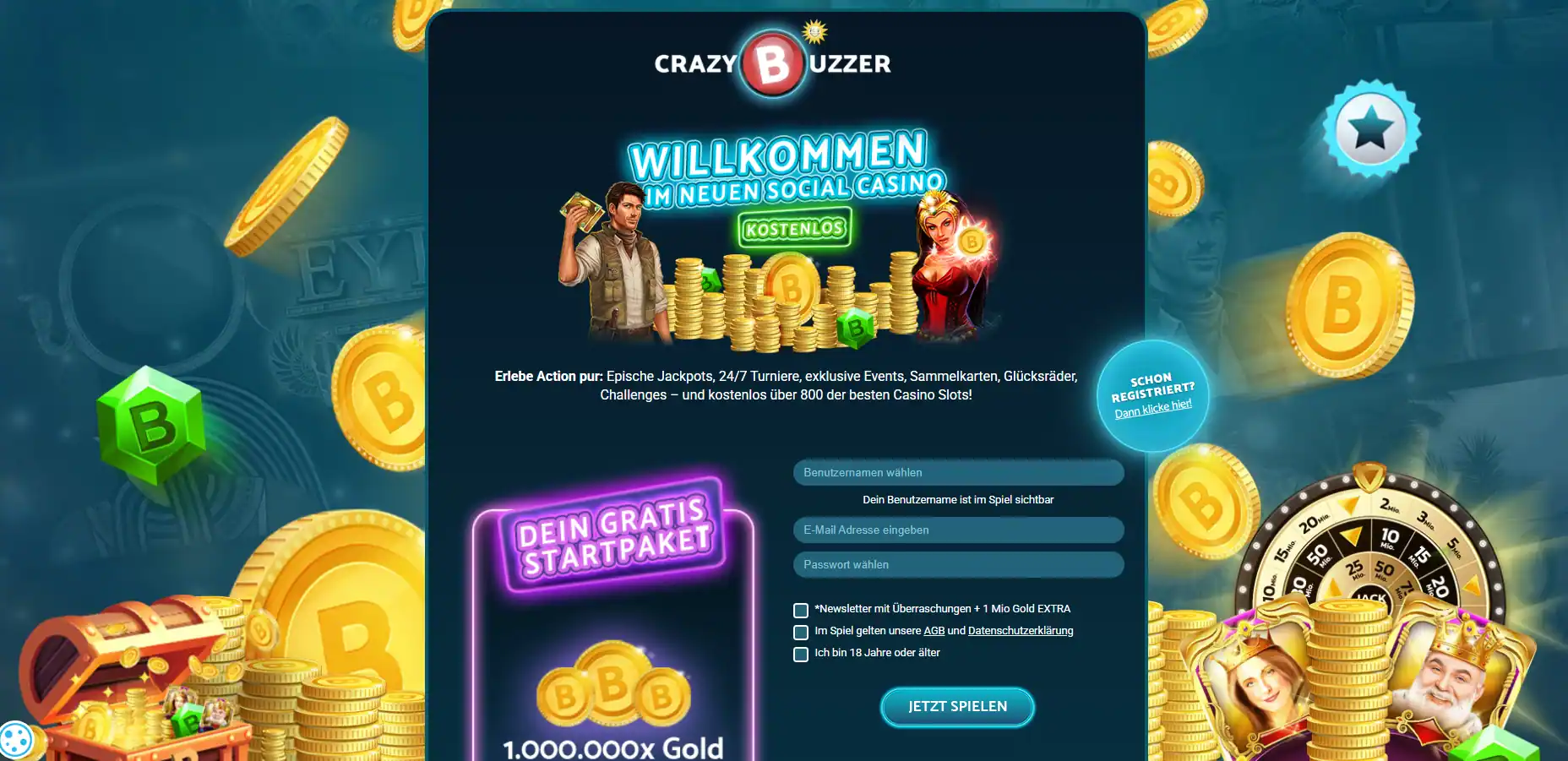 Aktueller CrazyBuzzer Registrierungs- und Loginbereich auf der offiziellen Website