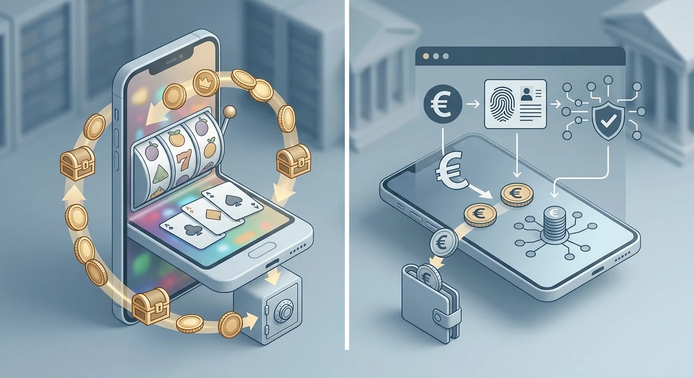 Redaktionelle Gegenüberstellung von Social Casino und deutschem Echtgeld-Casino mit virtuellen und realen Geldflüssen