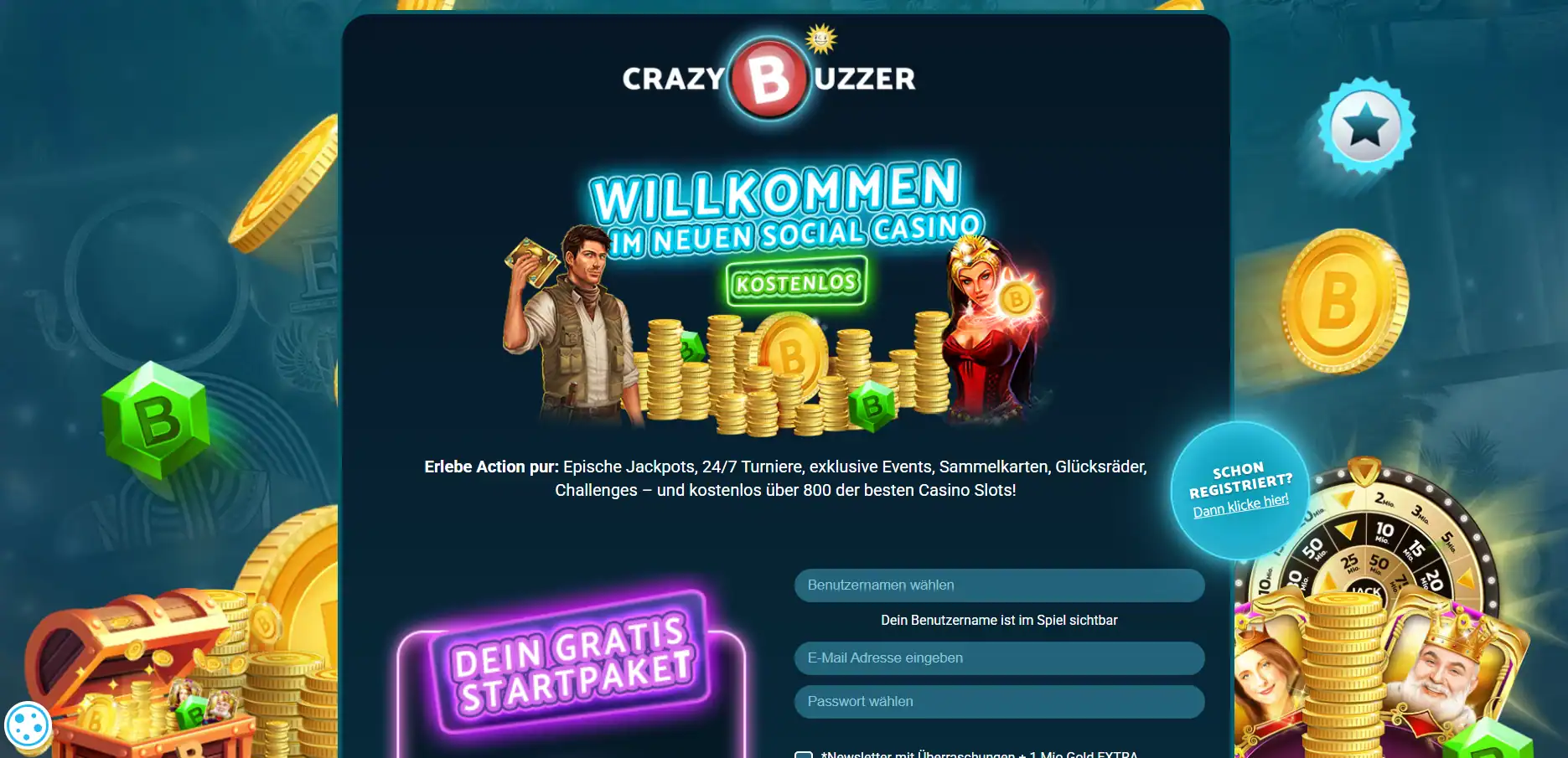 Aktueller CrazyBuzzer Startbereich mit Hinweis auf das Social Casino