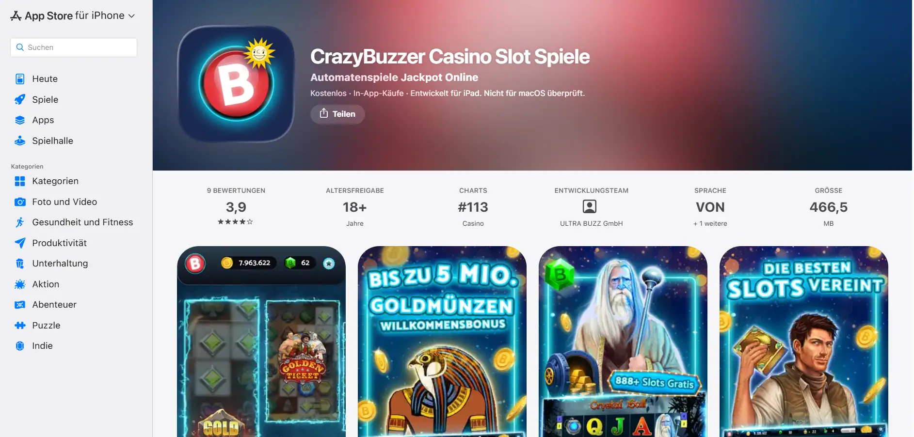 Aktueller App Store Eintrag der CrazyBuzzer App